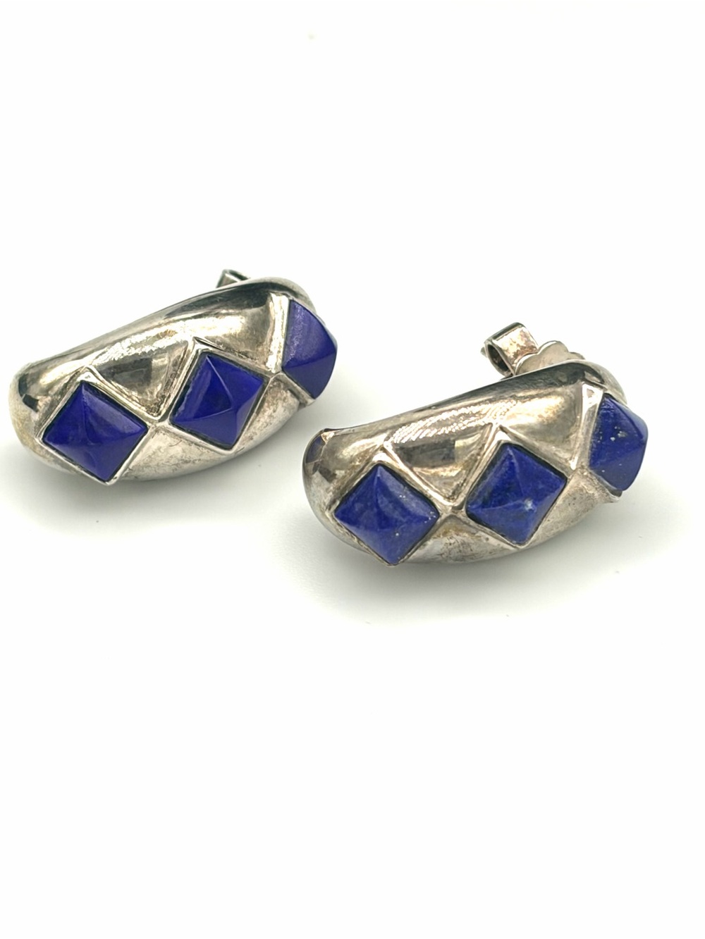 1970s Vintage Hong Kong Modernist Geometric Lapis Lazuli 925 Silver Earrings